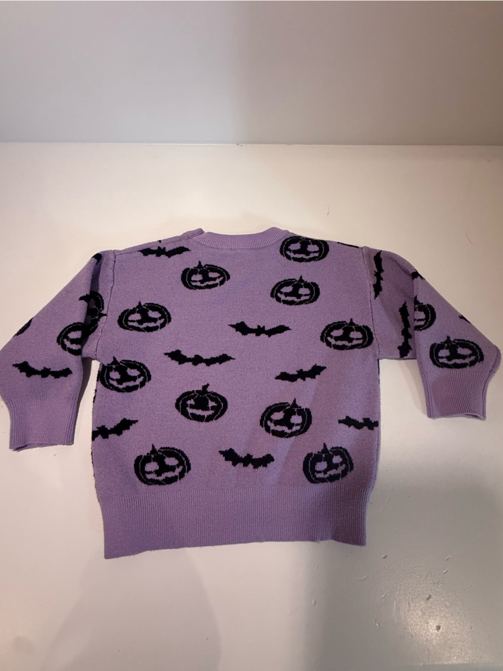 Purple Halloween Knit Sweater with Pumpkins & Bats – 4Y